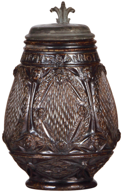 Stoneware stein, 8.5" ht., dated 1645, Muskauer Birnkrug, impressed on upper band: Johanes Dirckes, Anno 1645, relief & hand-carved, brown salt glaze, very rare dated on the body, pewter lid with touch marks, good condition. 