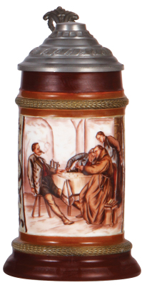 Porcelain stein, .5L, transfer & hand-painted, marked H.R., 188/90, by Hauber & Reuther, pewter lid, glaze flakes on top rim.