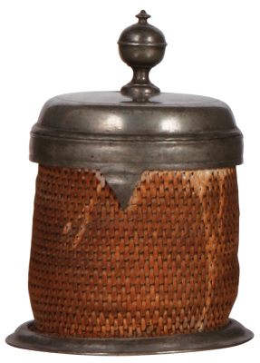 Basket weave stein, 6.9" ht., Korbmacherei Walzenkrug, mid 1700s, pewter lid, handle and footring, pewter touch marks inside lid, very rare, missing center hinge ring, overall good condition.