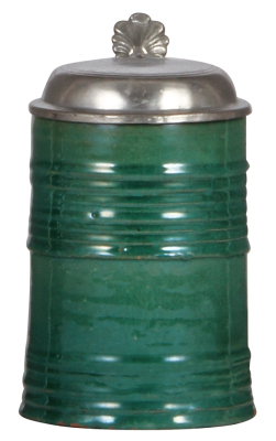 Stoneware stein, .5L, c.1850, dark green glaze, Hafner type, pewter lid, small flakes on rims, tight 2" hairline.