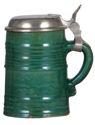 Stoneware stein, .5L, c.1850, dark green glaze, Hafner type, pewter lid, small flakes on rims, tight 2" hairline. - 2