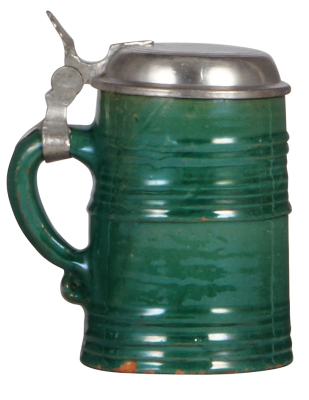 Stoneware stein, .5L, c.1850, dark green glaze, Hafner type, pewter lid, small flakes on rims, tight 2" hairline. - 3