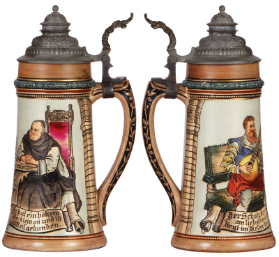 Two pottery steins, .5L, etched, marked M. & W. Gr., 3001, pewter lid, mint; with, .5L, etched, marked H.R., 446, by Hauber & Reuther, pewter lid, mint. - 2