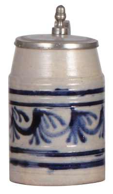 Stoneware stein, 5.0'' ht., c.1800, Westerwälder Walzenkrug, incised relief, blue saltglaze, pewter lid, very good condition.