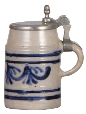 Stoneware stein, 5.0'' ht., c.1800, Westerwälder Walzenkrug, incised relief, blue saltglaze, pewter lid, very good condition. - 2