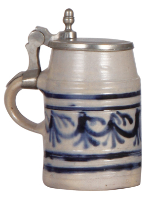 Stoneware stein, 5.0'' ht., c.1800, Westerwälder Walzenkrug, incised relief, blue saltglaze, pewter lid, very good condition. - 3