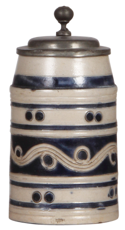 Stoneware stein, 6.8'' ht., early 1800s, Westerwälder Walzenkrug, incised, blue saltglaze, pewter lid, good repair to pewter tear, body good condition.