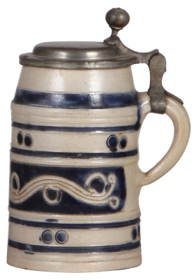 Stoneware stein, 6.8'' ht., early 1800s, Westerwälder Walzenkrug, incised, blue saltglaze, pewter lid, good repair to pewter tear, body good condition. - 2