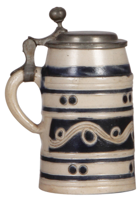 Stoneware stein, 6.8'' ht., early 1800s, Westerwälder Walzenkrug, incised, blue saltglaze, pewter lid, good repair to pewter tear, body good condition. - 3