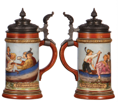 Two pottery steins, .5L, etched, marked M. & W. Gr., 3001, pewter lid, mint; with, .5L, etched, marked H.R., 446, by Hauber & Reuther, pewter lid, mint. - 3