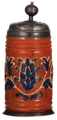 Stoneware stein, 10.3'' ht., early 1700s, Altenburger Walzenkrug, saltglazed, applied relief, blue & white on orange body, pewter lid & footring, medallion on lid is worn, small dents on lid, body very good condition.