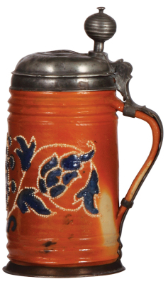 Stoneware stein, 10.3'' ht., early 1700s, Altenburger Walzenkrug, saltglazed, applied relief, blue & white on orange body, pewter lid & footring, medallion on lid is worn, small dents on lid, body very good condition. - 2