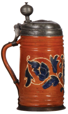 Stoneware stein, 10.3'' ht., early 1700s, Altenburger Walzenkrug, saltglazed, applied relief, blue & white on orange body, pewter lid & footring, medallion on lid is worn, small dents on lid, body very good condition. - 3