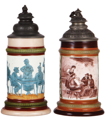 Two porcelain steins, .5L, threading, marked H.R., 165, by Hauber & Reuther, pewter lid; with, .5L, threading & hand-painted, marked H.R., 188/88, by Hauber & Reuther, pewter lid, both mint.
