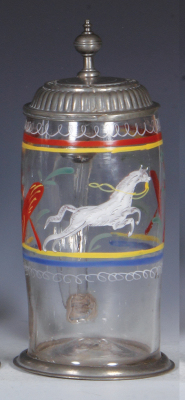 Glass stein, 1.0L, blown, clear, early 1800s, hand-painted, pewter lid, part of rim of lid missing, glass very good condition.