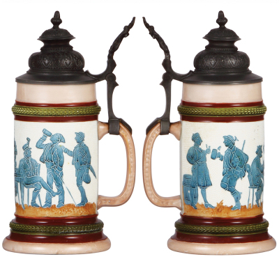 Two porcelain steins, .5L, threading, marked H.R., 165, by Hauber & Reuther, pewter lid; with, .5L, threading & hand-painted, marked H.R., 188/88, by Hauber & Reuther, pewter lid, both mint. - 2