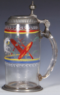 Glass stein, 1.0L, blown, clear, early 1800s, hand-painted, pewter lid, part of rim of lid missing, glass very good condition. - 2