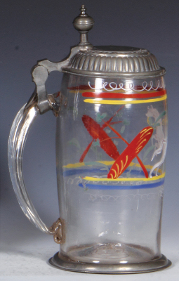 Glass stein, 1.0L, blown, clear, early 1800s, hand-painted, pewter lid, part of rim of lid missing, glass very good condition. - 3