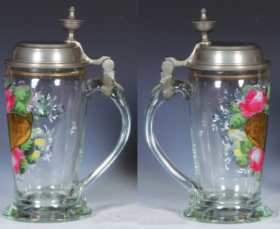 Glass stein, 1.0L, blown, clear, mid. 1800s, hand-painted, pewter lid, lid dated 1846, very good condition. - 2