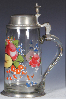 Glass stein, 1.0L, blown, clear, mid. 1800s, hand-painted, pewter lid and base ring, lid dated 1835, very good condition. - 2