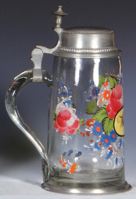 Glass stein, 1.0L, blown, clear, mid. 1800s, hand-painted, pewter lid and base ring, lid dated 1835, very good condition. - 3