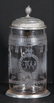Glass stein, .7L, blown, clear, c.1790, wheel engraved, pewter lid & base ring, mint.