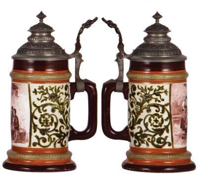 Two porcelain steins, .5L, threading, marked H.R., 165, by Hauber & Reuther, pewter lid; with, .5L, threading & hand-painted, marked H.R., 188/88, by Hauber & Reuther, pewter lid, both mint. - 3