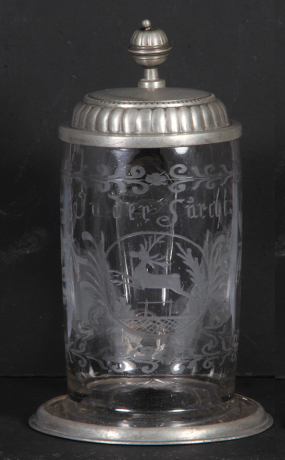 Glass stein, 1.0L, blown, clear, early 1800s, wheel-engraved stag, pewter lid & base ring, good condition.