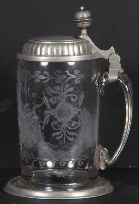 Glass stein, 1.0L, blown, clear, early 1800s, wheel-engraved stag, pewter lid & base ring, good condition. - 2