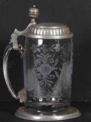 Glass stein, 1.0L, blown, clear, early 1800s, wheel-engraved stag, pewter lid & base ring, good condition. - 3