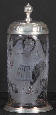 Glass stein, .5L, blown, wheel-engraved, late 1700s, St. Michel, pewter lid & footring, flake on handle, otherwise mint.