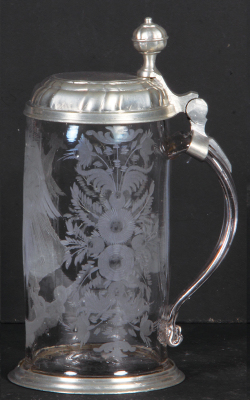 Glass stein, .5L, blown, wheel-engraved, late 1700s, St. Michel, pewter lid & footring, flake on handle, otherwise mint. - 2