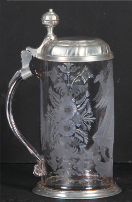 Glass stein, .5L, blown, wheel-engraved, late 1700s, St. Michel, pewter lid & footring, flake on handle, otherwise mint. - 3