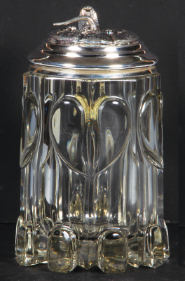 Glass stein, 1.0L, 7.5" ht, 4.5" d., blown, c.1850, cut, hearts on body, fan pattern on underside, very thick & heavy glass, silver-plated lid with rotating cat’s tail to keep count of beer, small scratch on top rim. 