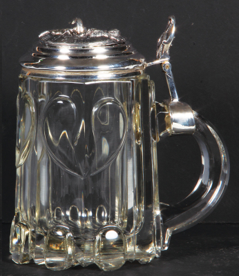 Glass stein, 1.0L, 7.5" ht, 4.5" d., blown, c.1850, cut, hearts on body, fan pattern on underside, very thick & heavy glass, silver-plated lid with rotating cat’s tail to keep count of beer, small scratch on top rim.  - 2