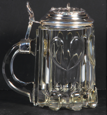 Glass stein, 1.0L, 7.5" ht, 4.5" d., blown, c.1850, cut, hearts on body, fan pattern on underside, very thick & heavy glass, silver-plated lid with rotating cat’s tail to keep count of beer, small scratch on top rim.  - 3