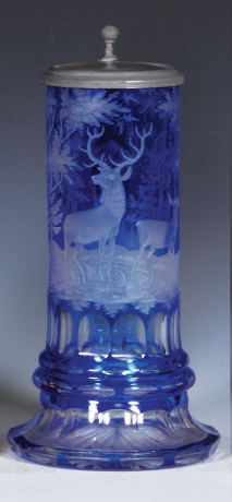 Glass stein, .5L, 9.3" ht., blown, mid 1800s, blue on clear overlay, wheel-engraved, stag & doe, clear glass inlaid lid, excellent pewter strap repair, glass mint.