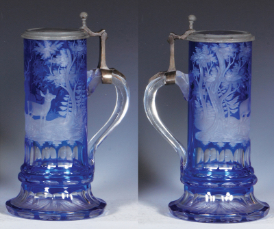 Glass stein, .5L, 9.3" ht., blown, mid 1800s, blue on clear overlay, wheel-engraved, stag & doe, clear glass inlaid lid, excellent pewter strap repair, glass mint. - 2