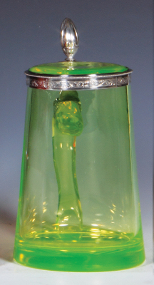 Glass stein, .5L, blown, green uranium, pewter lid, matching glass inlaid lid, silver mounts, mint.