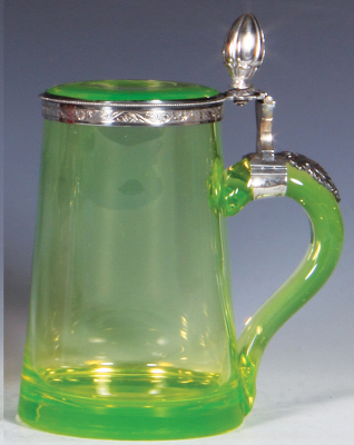 Glass stein, .5L, blown, green uranium, pewter lid, matching glass inlaid lid, silver mounts, mint. - 2