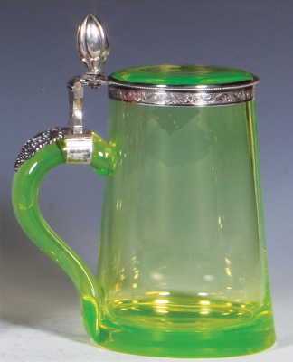 Glass stein, .5L, blown, green uranium, pewter lid, matching glass inlaid lid, silver mounts, mint. - 3