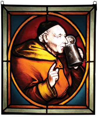 Glass window, 14.2" x 16.7", hand-painted & colored glass, monk drinking, very good detail, very good condition.