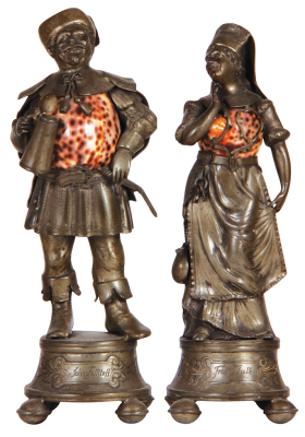 Two pewter figurines, 11.5" & 11.0" ht., c. 1890, Zinnngiesser Meisterwerk [Master Work], sea shell bodies, Sir John Falstaff, Frau Fluth, superb quality & detail, unusual & rare, excellent condition.