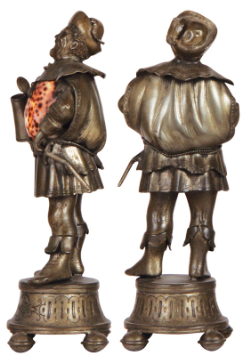 Two pewter figurines, 11.5" & 11.0" ht., c. 1890, Zinnngiesser Meisterwerk [Master Work], sea shell bodies, Sir John Falstaff, Frau Fluth, superb quality & detail, unusual & rare, excellent condition. - 2