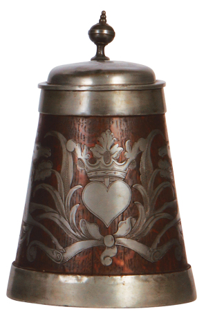 Daubenkrug, 8.3'' ht., wood & pewter, early 1900s, pewter lid, handle, base and overlay [inset], two deer, lid has some dents, small tear repaired, body good condition. 