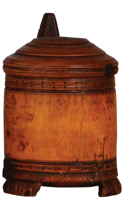 Wood tankard, 7.5'' ht., Norwegian, c.1830, carved lid, thumblift & feet, tight crack and two chips repaired. - 2