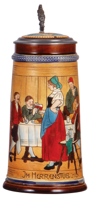 Pottery stein, 1.0L, etched, marked J.W.R., 929, by J.W. Remy, inlaid lid, mint.