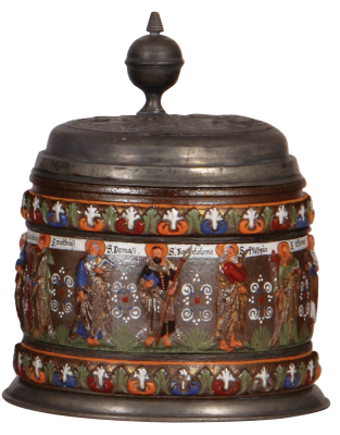 Creussen tankard, 7.8" ht., 6.4" d., stoneware, relief, hand-painted, Apostles, 1800s, pewter lid has a relief medallion, touch marks with 1690 date, pewter footring and two belly bands, the medallion has wear, a very nice quality copy of an original Creu