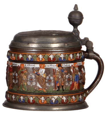 Creussen tankard, 7.8" ht., 6.4" d., stoneware, relief, hand-painted, Apostles, 1800s, pewter lid has a relief medallion, touch marks with 1690 date, pewter footring and two belly bands, the medallion has wear, a very nice quality copy of an original Creu - 2