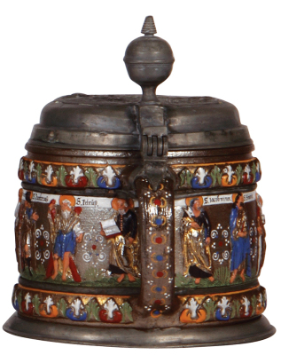 Creussen tankard, 7.8" ht., 6.4" d., stoneware, relief, hand-painted, Apostles, 1800s, pewter lid has a relief medallion, touch marks with 1690 date, pewter footring and two belly bands, the medallion has wear, a very nice quality copy of an original Creu - 3